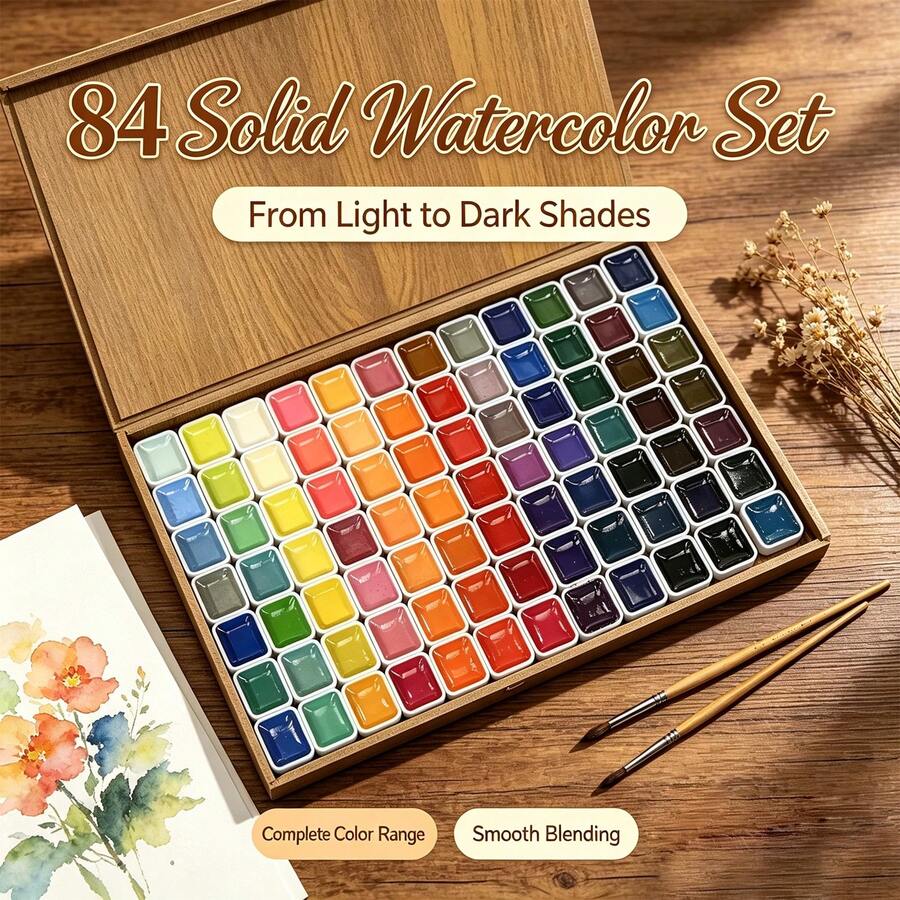84 Colors Solid Watercolor Set Black Walnut Wood Box Gift Box For Drawing Art Painting Supplies