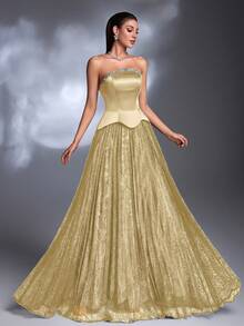 AMILUCK Women's Elegant Heavy Embellished Collar Handmade Beaded Strapless Ruffle 2-In-1 Pleated Accordion Lace Oversized A-Line Long Dress Wedding Autumn Formal Gown - Light Yellow - View 9