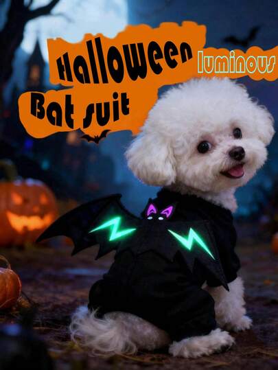 1pc Pet Halloween Glow-In-The-Dark Bat Costume Dog Four-Legged Outfit Funny Pet Nightwear Dog Clothes