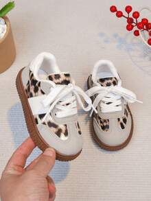 New Vintage Leopard Print Patchwork Lace-Up Sneakers, Soft Non-Slip Rubber Sole, Breathable Lining, Suitable For Daily Walking, Outdoor Play, Toddler Shoes - Light Grey - View 1