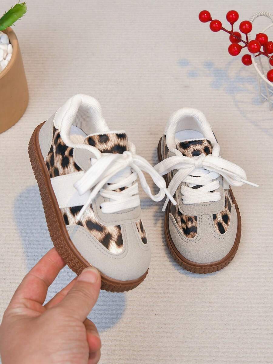 New Vintage Leopard Print Patchwork Lace-Up Sneakers, Soft Non-Slip Rubber Sole, Breathable Lining, Suitable For Daily Walking, Outdoor Play, Toddler Shoes - Light Grey - View 1