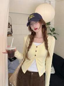 Sweet & Cute 2 In 1 Patchwork Long Sleeve T-Shirt, Women's Autumn Top - Yellow - View 1