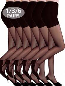 1/3/6pcs Women's Solid Black Leggings, Ultra-Thin Pantyhose High Waist Long Socks With Reinforced Toes - Recommended For 40-60kg Body Weight - Black - View 2