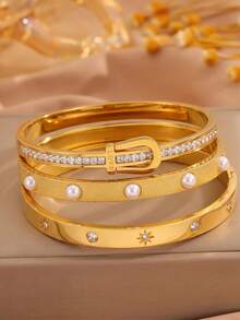 3/1pcsGold-Tone Stainless Steel Bangle, Matte Pearl, Rectangular Zirconia & Clover Embellishment, Elegant Statement Adornment - Gold - View 5