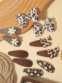 10pcs Kids Pastoral Style Bow Hair Clips, Floral Leopard Print Plaid Bangs And Side Hair Clips For Girls - Mixed color - View 9