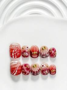 10pcs Autumn Vintage Red Handmade Press-On Nails, Polygel Nail Art Set, Shell Red Nail Polish, Traditional Chinese Shell Style, 3 Sizes Available, Square/Short Square/Almond Shape, Suitable For Party, Dancing, Daily Wear (Handmade Details May Vary) - Multicolor - View 14