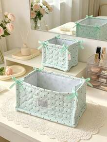 Cute Checkered Strawberry Home Storage Basket, Foldable Desktop Storage Bucket, Ribbon Bow Decoration, Miscellaneous Storage Basket, Makeup Bag - Multicolor - View 8