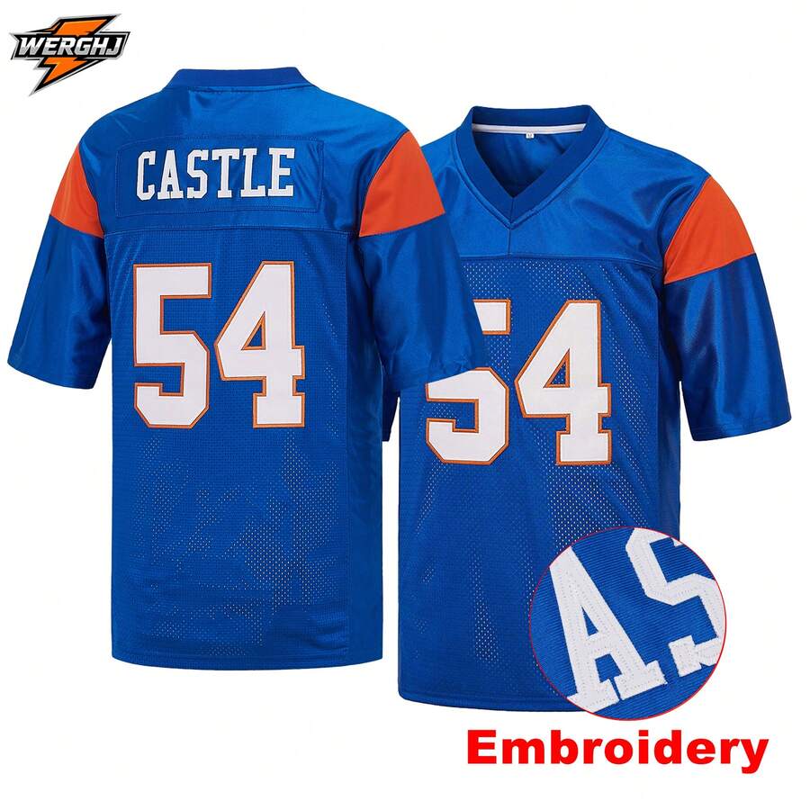 Thad Castle #54 Blue Mountain State 電影刺繡美式足球球衣，Mountain State 電影主題周邊網眼美式足球制服