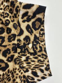 Women's Fall Gold Brown Leopard Mock Neck Cold-Shoulder Long-Sleeve Top, Cutout Ruffle Shoulder Loose Blouse, Wild Occasion Wear For Daily Date Party - Brown - View 9