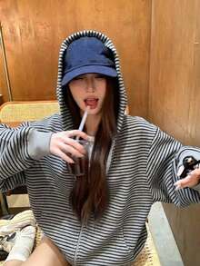 女款秋季美式復古寬鬆慵懶條紋長袖運動衫外套上衣 - 灰色 - 查看 1
