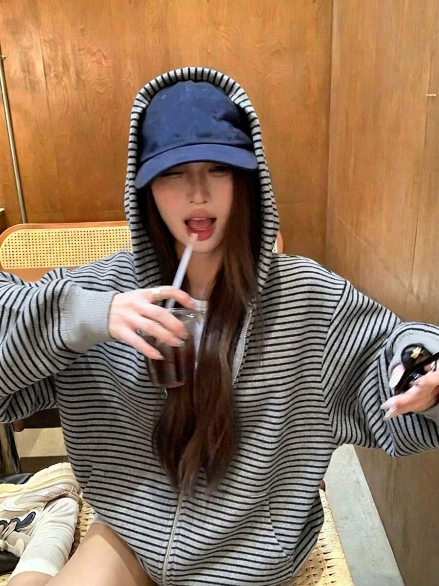 女款秋季美式復古寬鬆慵懶條紋長袖運動衫外套上衣 - 灰色 - 查看 1