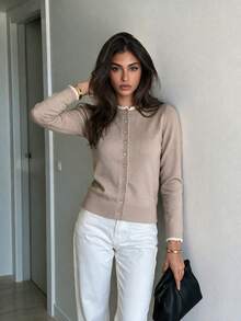FOR BEAUTY Fall Winter Women Cardigans Y2K Chic Khaki Lace Trim Round Neck Button Front Sweaters Knit Tops Basic Business Casual Office Outfits - Mocha Brown - View 3