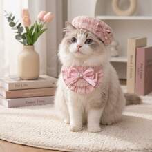 Pet Beret Hat And Bib Set, Suitable For Cats And Small Dogs, Pink And White Tweed Beret Hat With Bow And Rhinestone Details, Adjustable Pet Bib With Large Bow, Birthday Party Photo Props And Daily Wear Accessories - Multicolor - View 9