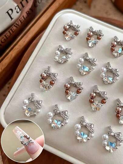 2 st julkrans med pärlor och rosett, ny stil, glittrande plomombloom, färgglad nail art DIY, färdig julkrans med strass, lämplig för nagelsalong och juldekoration