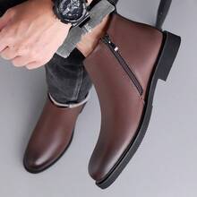 Men's Smooth Leather Side Zipper Ankle Boots Heel Pull Tab Round Toe Low Block Heel Black Office Business Casual Daily Wear Shoes - Brown - View 5