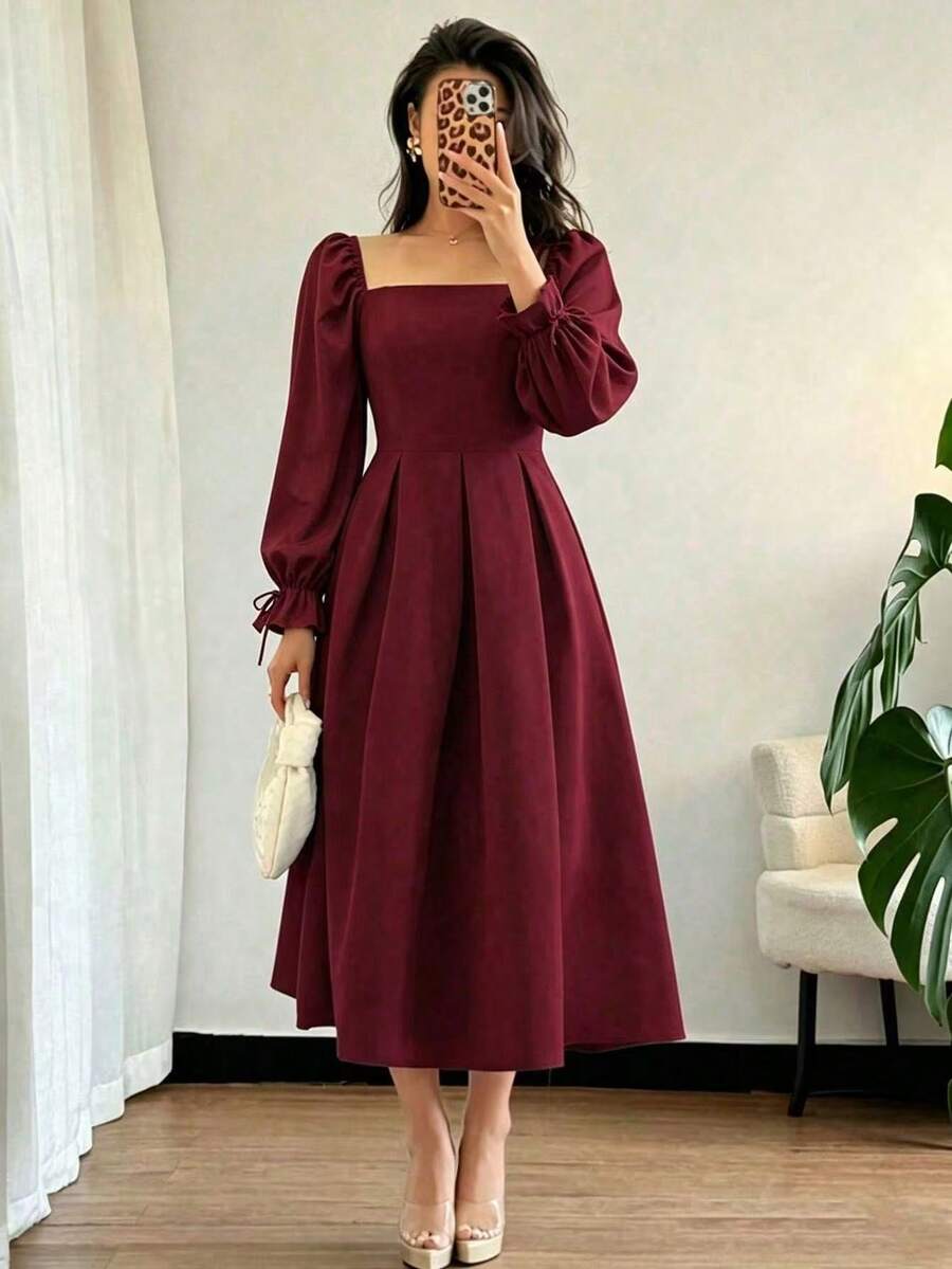 Elegant Women's Burgundy Square Neck A-Line Midi Dress With Long Pleated Ruffle Sleeves, Suitable For Autumn Formal Occasions (Holiday Red) - Burgundy - View 1