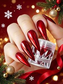 1 Can Red Nail Powder, Christmas Metallic Mirror Effect Holographic Deep Red Nail Glitter Pigment Powder, Autumn Nail Art Powder With Tools - Red - View 2