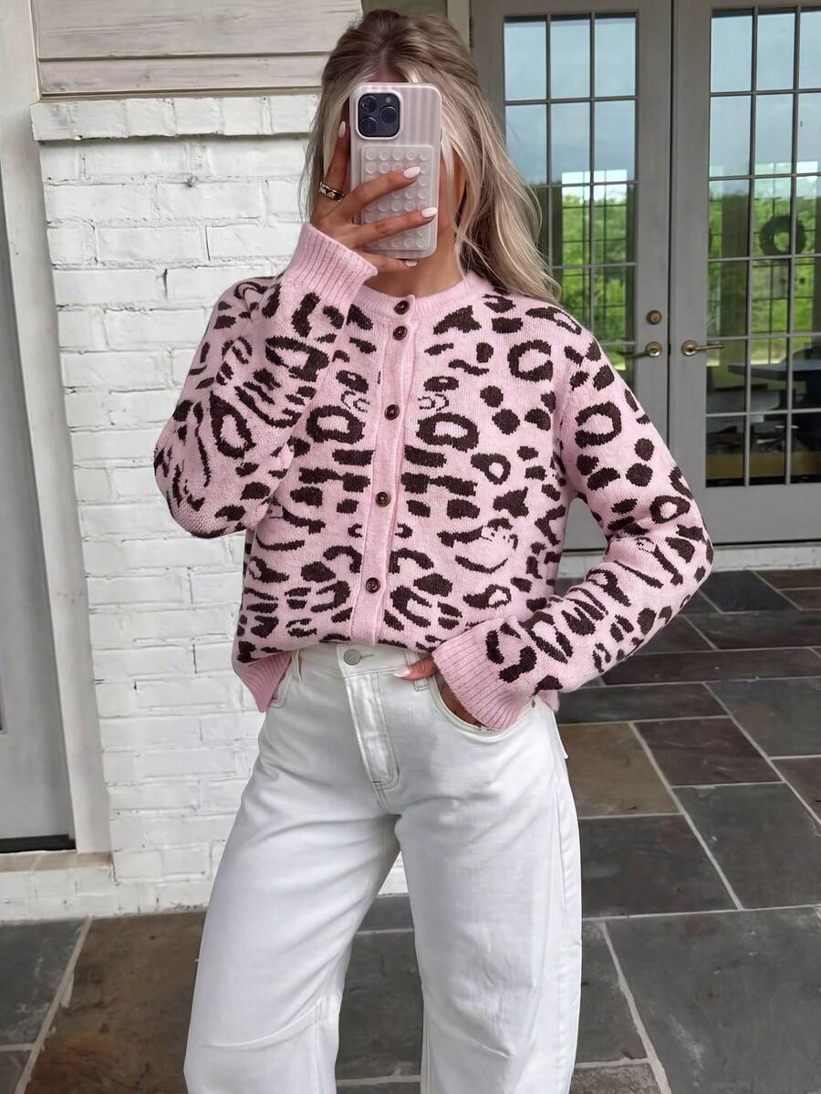 Women's Leopard Print Cardigan Sweater With Button Front, Loose Long Sleeve Knit Top Suitable For Autumn/Winter Outings, Weekends And Holidays - Pink - View 1