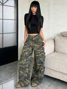 1pc Women's American Street Style Patchwork Multi-Pocket Cargo Wide Leg Camouflage Jeans Long Pants For All Seasons (Belt/Accessories Not Included) - Army Green - View 9