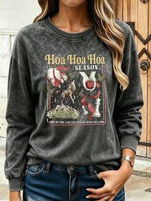 Plus Size Women's Round Neck Long Sleeve Wolf Pack Vintage Style Graphic Sweatshirt, Suitable For Book Lovers - Black - View 4