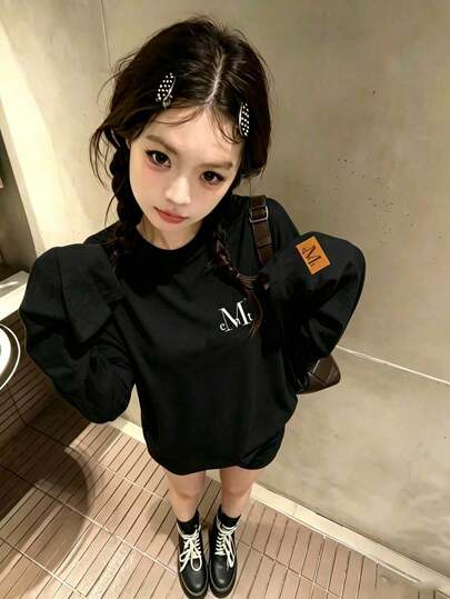 y2k、200g 100%コットンTシャツ 2026年 レディース 春秋用 グラフィックプリント 長袖 面白いTシャツ カップル向け オフィス カジュアル クルーネック プルオーバー