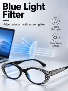 Blue Light Blocking Glasses With Rhinestone Decorated Frame, Designed To Filter Blue Light From Screens, Comes With Glasses Case, Suitable For Office, Study Or Fashion Styling - Glasses [Rhinestone Decorated Frames] - View 2