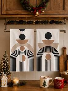 2PCS Kitchen Towels, Beige Geometric Pattern Theme Kitchen Towels Dish Cloths, Geometric Style 40*60cm Rectangular Soft Microfiber Cleaning Kitchen Towels, Perfect For Kitchen, Dining Room And Bathroom Use, Kitchen Decor, Home Decor, Neighbor Housewarming Gift, Dish Cloths - Multicolor - View 1