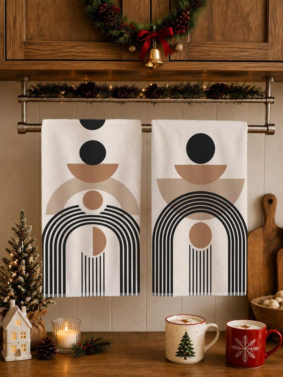 2PCS Kitchen Towels, Beige Geometric Pattern Theme Kitchen Towels Dish Cloths, Geometric Style 40*60cm Rectangular Soft Microfiber Cleaning Kitchen Towels, Perfect For Kitchen, Dining Room And Bathroom Use, Kitchen Decor, Home Decor, Neighbor Housewarming Gift, Dish Cloths - Multicolor - View 1