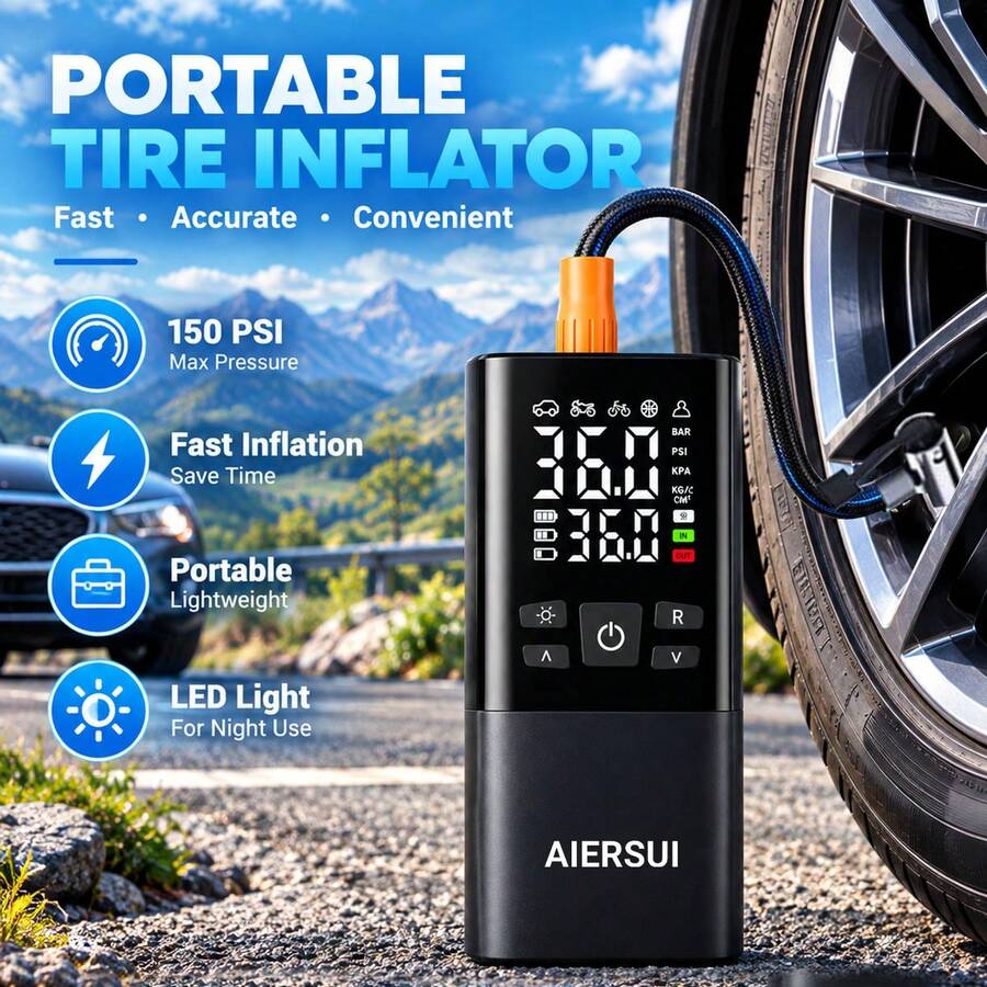 Car Tire Inflator Portable Air Compressor, 3x Faster, 150PSI With Auto Stop, Rechargeable, Pressure Gauge Display, Led Light, Car Accessories Automatic Air Pump For Motorcycle Bike Ball 11.1V/DC12V 2000mAh - Wireless - View 1