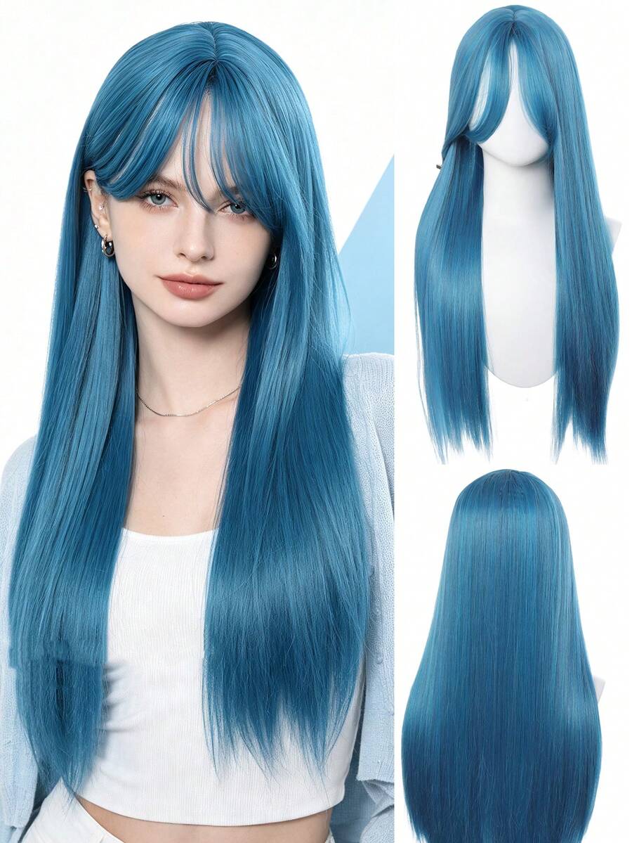 1 Piece Synthetic Heat-Resistant Straight Hair 28 Inch Long Straight Mint Blue Wig Middle Part Bangs Natural Looking Soft Heat Resistant Wigs For Party Daily Use, Halloween - Multicolor - View 1