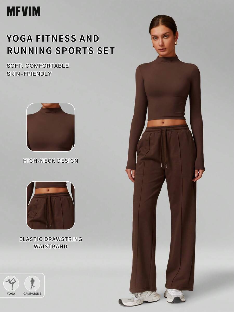 MFVIM Women's Autumn/Winter New Fitted Top + Wide Leg Pants 2-Piece Set, Versatile Soft Fabric - Coffee Brown - View 1