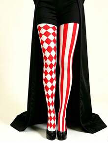 1 Pair Asymmetrical Mandarin Duck Pattern Tights, High Elasticity Breathable Knitted Fabric, Suitable For Halloween, Theme Party, Cosplay, Stage Show, Holiday Outfit, Personalized Eye-Catching Accessory - Red and White - View 2