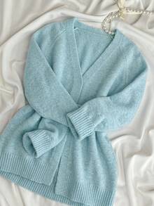 Women's Water Blue Basic Minimalist Knit Cardigan, V-Neck Old Money Style Cardigan, Autumn Outfit, Casual Style Outfit, Basic Style Outfit, Office Outfit. - Blue - View 7