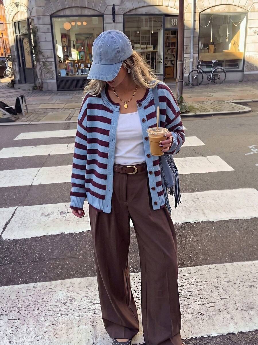Women's Colorblock Striped Knit Cardigan, Basic Minimalist Knitwear, Autumn Outfit, Casual Style, Basic Outfit, Office Wear