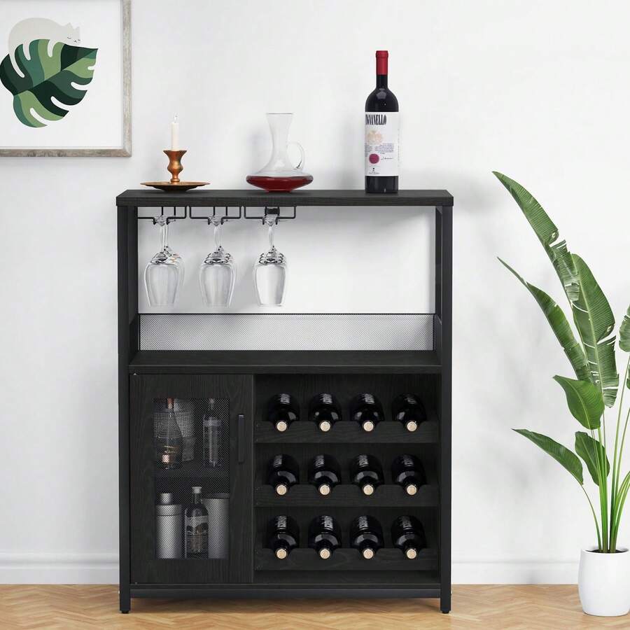 Gabinete Bar de Café y Vino Negro 69.1x35.1x91.9 cm| Armario Almacenamiento con Estante Desmontable Soporte para Copas y Puerta de Malla| 12 Botellas de Vino para Sala de Estar y Comedor| Fácil de Armar - Negro - Ver 1