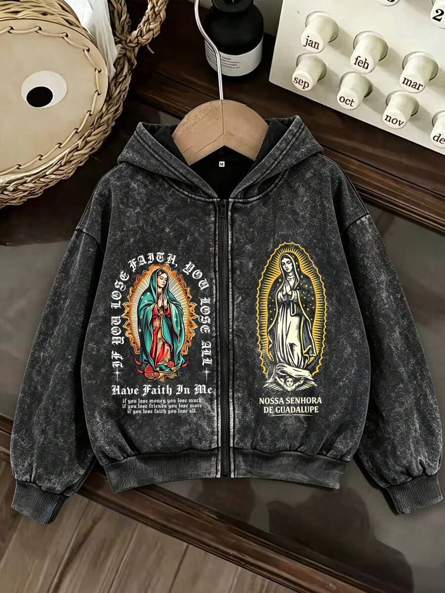 [Simple]男士復古做舊紋理水洗拉鍊連帽衛衣，可機洗布料，印花衛衣，秋冬服飾 - 黑色 - 查看 1