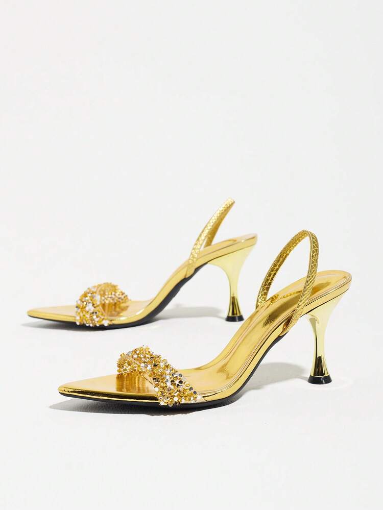 Women's Mirror Metallic Single Strap Pointed Toe Slingback High Heel Sandals With Rhinestone Decor, Gold Fashion Versatile Commute Party Outdoor Wear Spring Summer - Gold - View 5