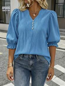 Plus Size Women's V-Neck 3/4 Sleeve Ruffle Solid Color Blouse, Button Decor On Chest, Princess Sleeve Sweet Blouse For Vacation, Party, Date, Daily Wear - Dusty Blue - View 2