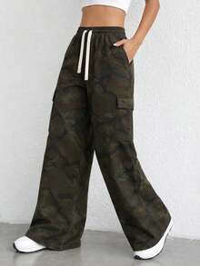 AODSR Women's Camo Cargo Pants Elastic Drawstring Waist Side Flap Pocket Relaxed Straight Leg Casual Streetwear Trousers - Army Green - View 9