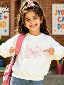 Girls' Sweet Pink Butterfly & Star Print Pullover Sweatshirt, Loose Fit Long Sleeve Crew Neck Top - White - View 1