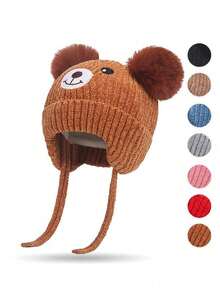 1pc Baby Ear Flap Buckle Design, Cartoon Bear Pom-Pom, Warm And Stylish Ribbed Winter Knitted Hat For Infants. - Multicolor - View 2
