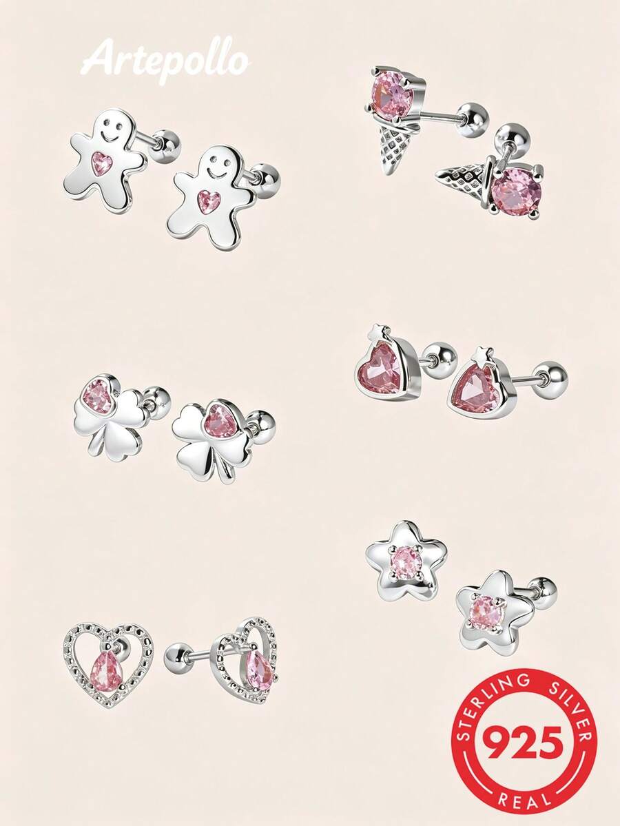 Artepollo 925 Silver Cute Stud Earrings Set Pink Cubic Zirconia Gingerbread Ice Cream Heart Star Screw Earrings Gift Box, Lovely Piercing Jewelry For Girls - Silver - View 1