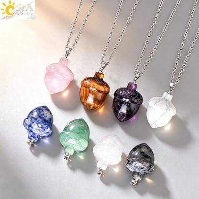 1pc Natural Stone Carved Pine Cone Pendant Necklace, Healing Amethyst Crystal Christmas Jewelry, Unisex H081