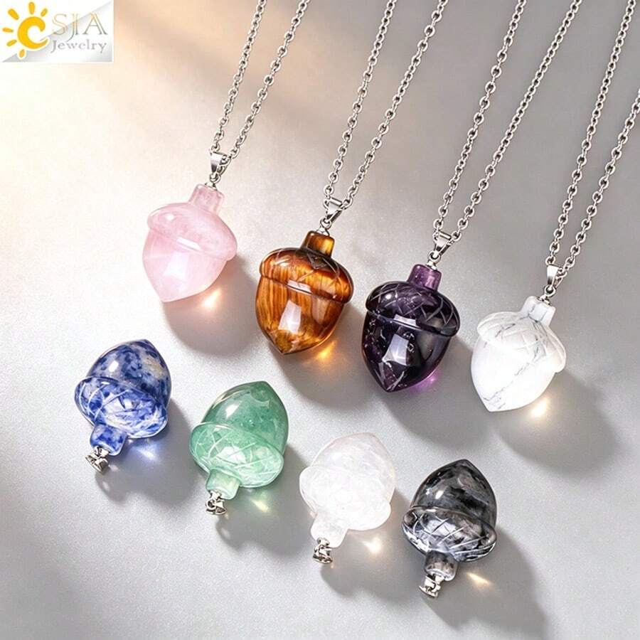 1pc Natural Stone Carved Pine Cone Pendant Necklace, Healing Amethyst Crystal Christmas Jewelry, Unisex H081 - Necklace - View 1
