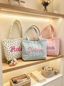 1pc Personalized Name Quilted Plaid Tote Bag, Customized Checkered Shoulder Bag, Bridesmaid Gift, Embroidered Name, Lightweight Shopping Handbag - Multicolor - View 2