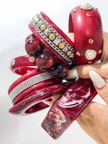 Vintage Luxury Burgundy Swirl Resin Bracelet, Colorful Crystal Decorated Glossy Resin Wide Bangle, Inlaid With Multicolored Round Rhinestones, Elegant Handmade Jewelry, Suitable For Daily Wear, Dates, Weddings And Formal Parties - Multicolor B - View 4