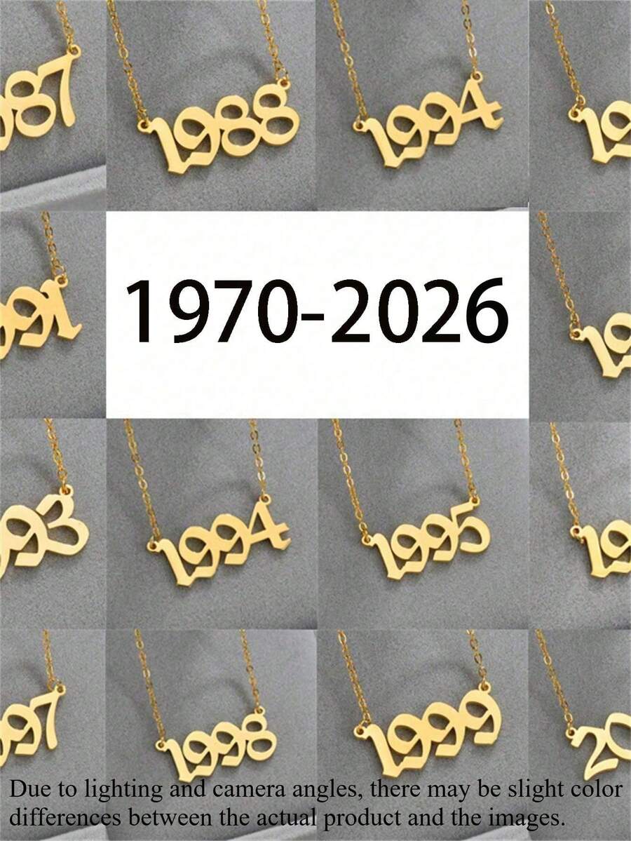1pc Personalized Vintage Stainless Steel Pendant Necklace With Birthday/Anniversary Date - Gold - View 1