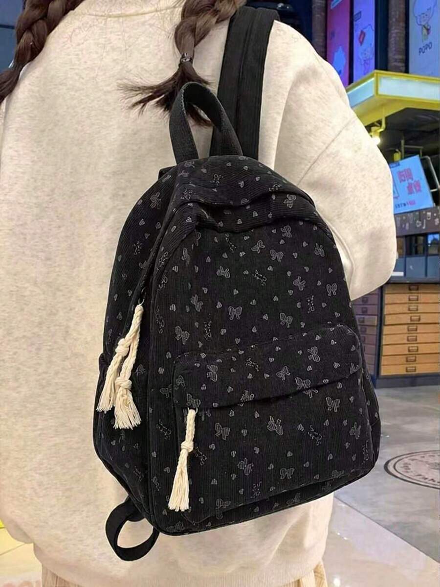Ransel Corduroy untuk Wanita, Ransel Kecil Motif Pita & Hati Lucu dengan Rumbai, Ransel Kasual Ringan untuk Sekolah dan Perjalanan - MultiWarna - View 1
