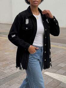 Women's Distressed Denim Shirt Jacket Outerwear - Black - View 5