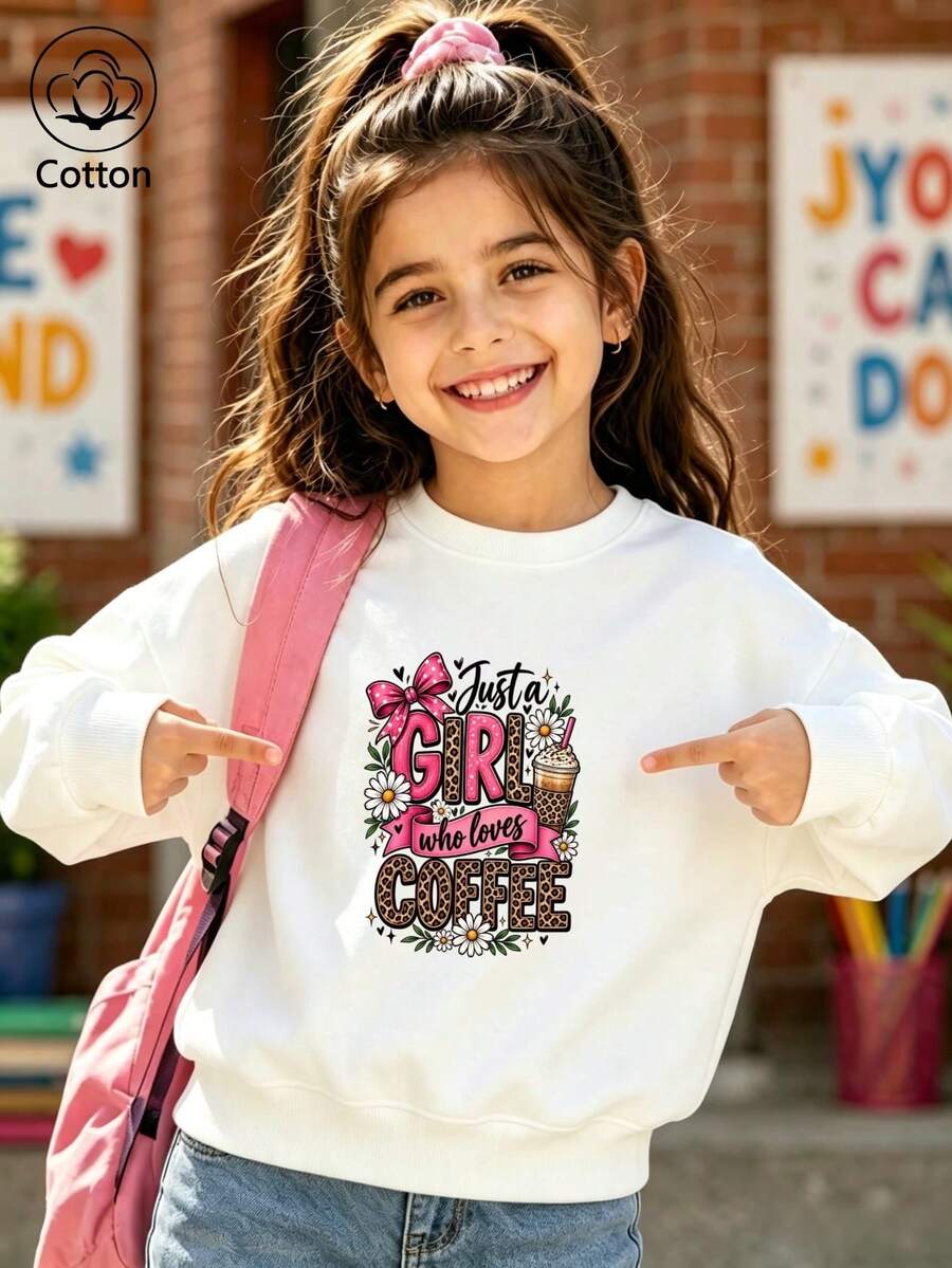 Girls' Cute Printed Drop-Shoulder Round-Neck Long-Sleeve Casual Sports Sweatshirt - White - View 1